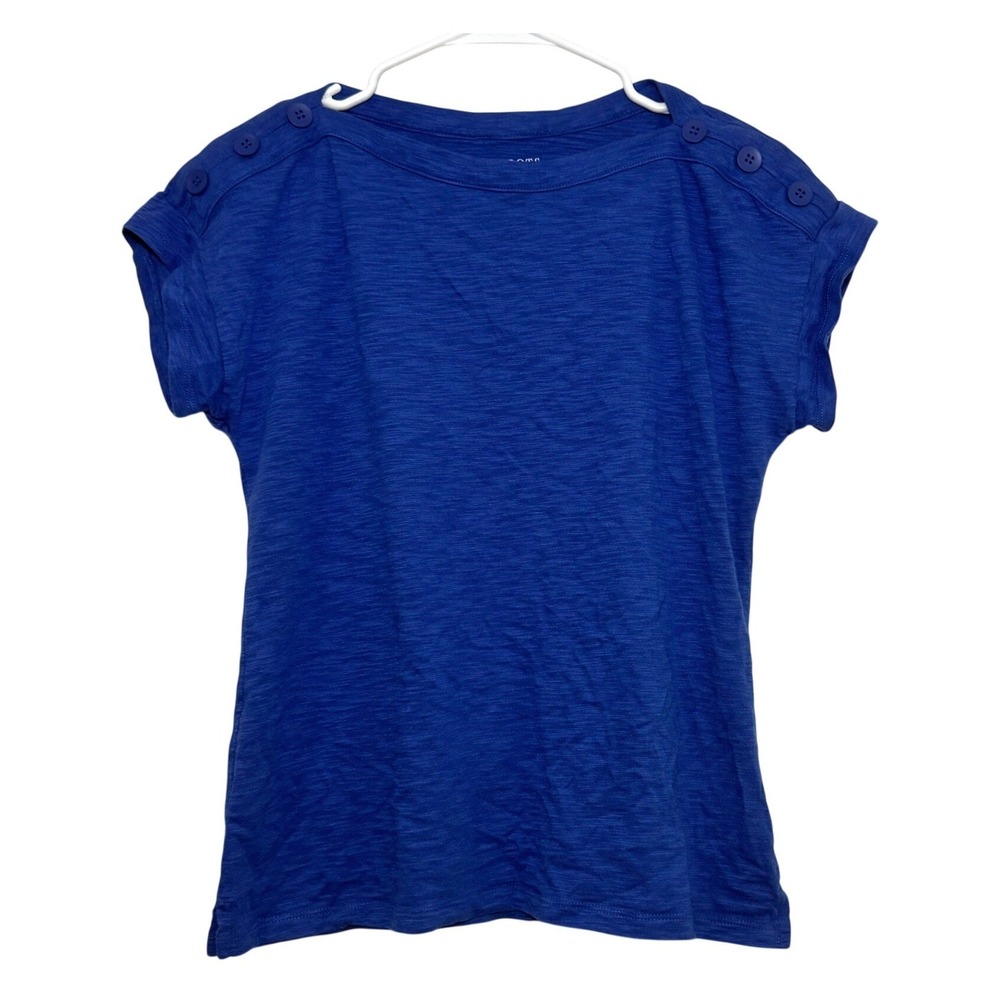 Talbots T-Shirt Blue Button Shoulder Slub Knit Women MP Petite Boat Neck Tee M